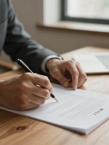 A close-up of hands signing official legal documents on a warm oak desk, soft natural window light, muted earthy tones, shallow depth of field, 35mm lens