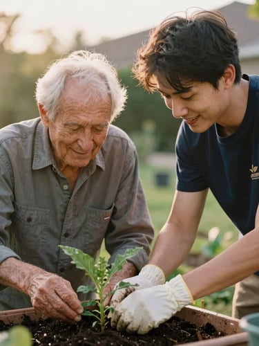 An older gentleman and a younger volunteer smiling together while gardening outdoors during golden hour, rich organic tones, shallow depth of field, 35mm film