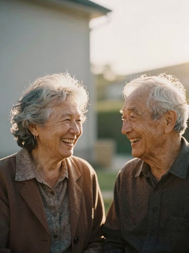 A warm portrait of two older adults laughing together outdoors, soft golden-hour light, rich organic tones, shallow depth of field, 35mm film