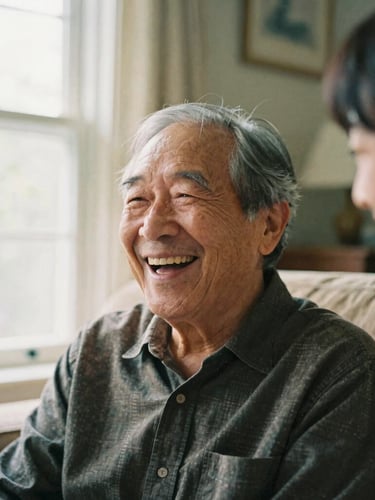 Medium close-up of an older adult laughing with a caregiver in a sunlit Bellevue living room, warm editorial style, soft natural window light, 35mm film.
