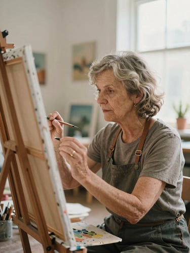 An active senior woman painting on a canvas in a bright, sunlit community art studio, soft natural light, shallow depth of field, warm organic tones.