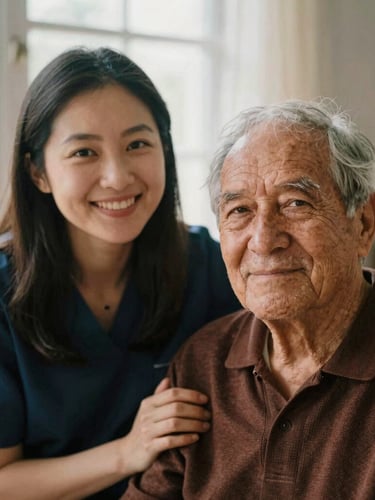 A warm portrait of a caregiver smiling gently next to an older adult, soft natural window light, rich organic tones, shallow depth of field
