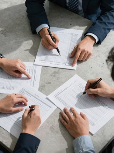 Cool-toned, high-contrast overhead shot of three professional participants analyzing structured data sheets on a light concrete table, focused gestures, sharp shadows.