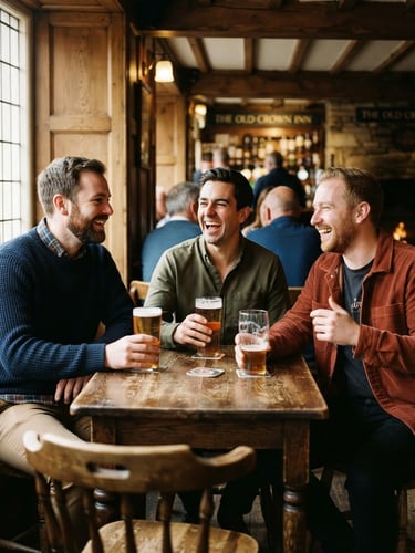 Candid medium shot of three men in smart-casual wear laughing over pints at a warm, wood-paneled pub in Northumberland, soft daylight filtering through a window, 35mm photography.