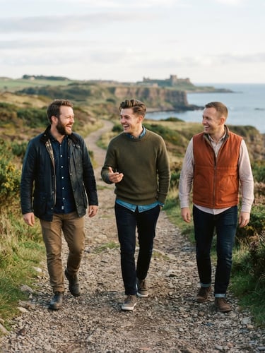 Candid medium shot of three men in smart-casual wear walking along a scenic Northumberland path, laughing, soft natural daylight, rich blues and earthy tones, 35mm