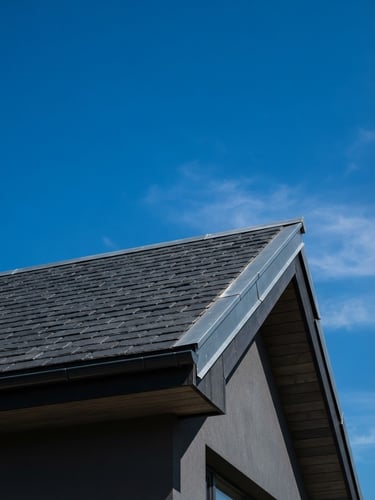Crisp architectural photography of a modern dark slate roof edge against a bright blue Bulgarian sky, sharp focus, 35mm