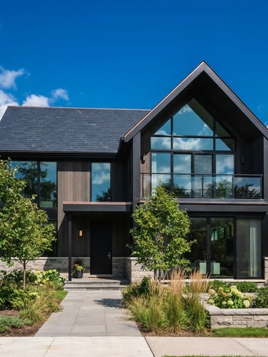 Crisp architectural photography of a modern residential house with a dark slate roof, deep blue sky, bright natural daylight, sharp focus, 35mm