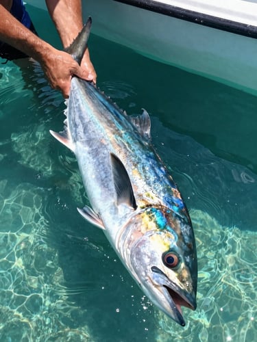 A massive Giant Trevally being gently held in the crystal clear turquoise water alongside a boat hull before release, hands visible, wide angle.