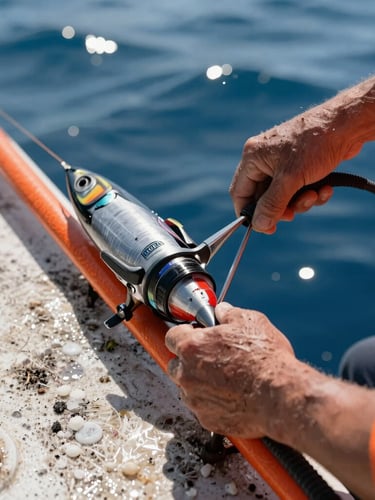 Extreme close-up of weathered hands rigging heavy IGFA-compliant offshore tackle on a salt-crusted deck, bright safety-orange line, intense midday sun reflecting on deep blue water.