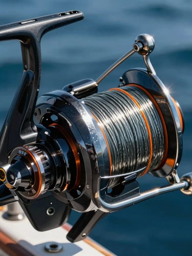 Extreme close-up of a heavy-duty salt-water fishing reel, thick braided line, metallic orange accents, high-contrast sunlight reflecting off deep blue ocean spray.