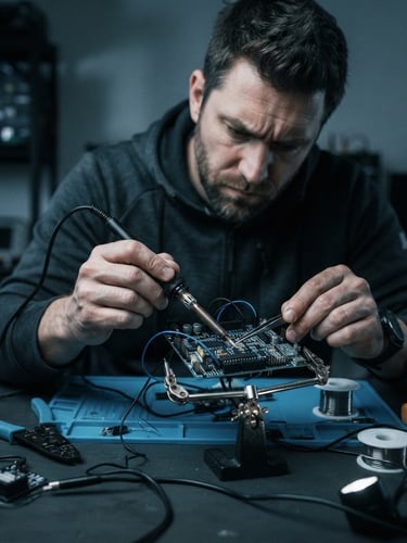 A candid, unposed workspace portrait of a developer at a clean desk with physical computing hardware, cool ambient studio lighting, desaturated charcoal tones, macro lens framing.