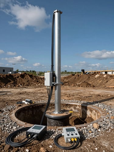 Wide shot of a thermal response test rig installed at a borehole head on a construction site, overcast daylight, instrumentation cables and data logger visible in the foreground, compacted soil and gravel around the casing, deep blue sky at horizon