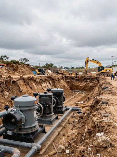 Wide excavation site at overcast daylight, large dewatering pump units and pipe manifolds in the foreground left, exposed soil stratigraphy visible in the trench wall, construction workers operating equipment in background right, technical field context