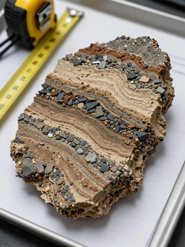 Close-up of a geological core sample laid out on a field tray, distinct stratigraphic layers visible — sand, clay, gravel — under flat overcast daylight, measurement tape alongside for scale, technical field notes partially visible at edge