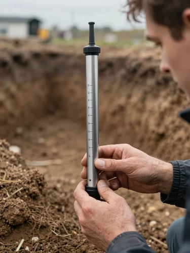 Close detail of a piezometer data logger being read by a technician in a muddy excavation, overcast diffuse light revealing depth markings on the instrument casing, soil profile visible in background trench wall