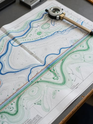 Close overhead shot of a geological cross-section map spread on a field table, contour lines and aquifer layers annotated in blue and green ink, measuring instruments resting on the paper edge, overcast diffuse daylight, documentary precision