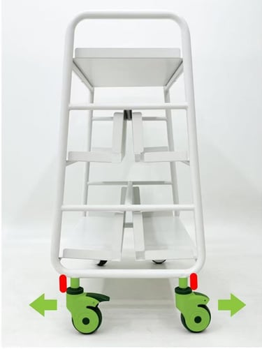 White industrial storage cart with green rolling casters and directional arrows for easy mobility.
