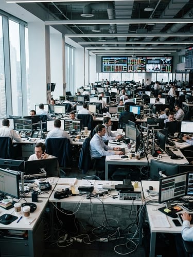 Wide environmental shot of a modern financial trading floor, cool natural office daylight, desaturated corporate tones, sharp focus, 35mm lens