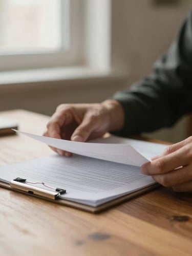 Close-up of hands reviewing physical documents on a warm wooden desk, soft natural window light, shallow depth of field, 35mm lens.