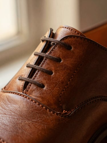 Macro close-up of premium brown leather shoe stitching, warm golden light highlighting the fine grain texture and hand-carved sole edge, shallow depth of field, 35mm