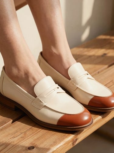 Close-up of elegant women's leather loafers in soft cream and rich terracotta tones, resting on a rustic wooden bench, sunlit shadows from a window, 35mm