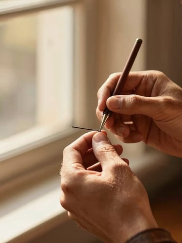 Warm editorial photography of a shoemaker's hands carefully stitching rich espresso brown leather, soft golden-hour window light, shallow depth of field, 35mm
