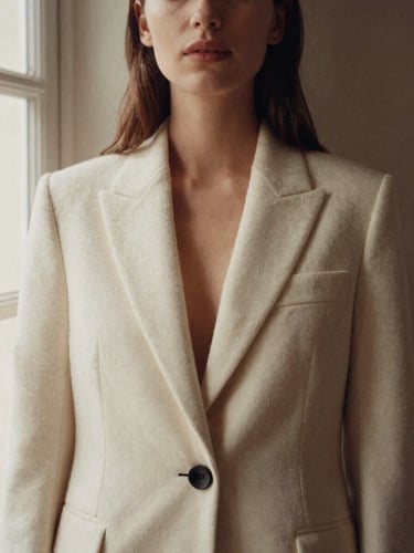 Editorial low-angle portrait of a woman in a structured, sculpted cream wool blazer, soft window light, warm neutral shadows, 35mm film style.