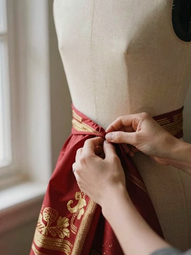 Close-up of a designer's hands carefully draping a rich crimson and gold hand-loomed textile on a vintage dress form, soft side window light, warm neutral tones