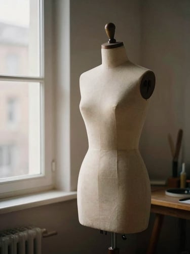 Soft directional window light illuminating a wooden dress form in a quiet minimalist atelier, warm neutral shadows, shallow depth of field, 35mm film