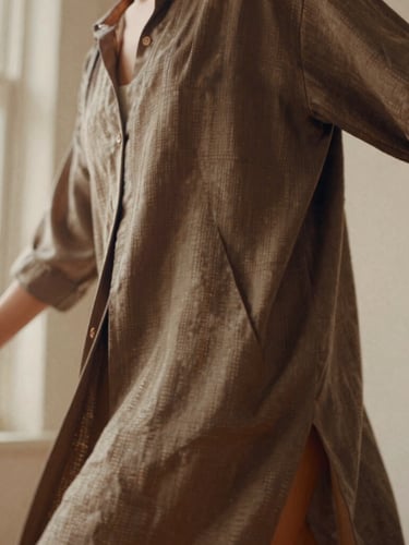 Low-angle editorial crop of a model in motion wearing a structured, hand-loomed silk garment, soft directional window lighting, warm neutral background, 35mm film style
