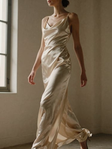Low-angle full-length shot of an elegant model in motion wearing an asymmetric draped silk gown, soft directional window light, rich warm neutral tones, 35mm film.