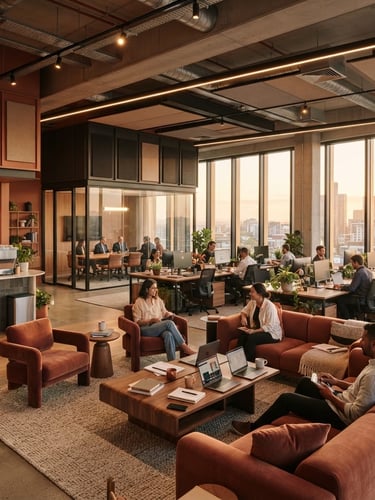 Wide architectural view of a modern, luxurious commercial office interior, featuring warm lighting, ergonomic workstations, and collaborative spaces, soft golden-hour window light, rich terracotta and charcoal tones, architectural 35mm lens.