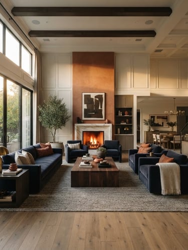 Wide architectural shot of a luxurious modern living room with warm lighting, terracotta accents, and royal charcoal furniture, seen through a 35mm lens.