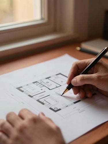 Close-up of hands sketching a floor plan on architectural paper, with a warm editorial interior background, soft golden-hour window light, rich terracotta and charcoal tones, architectural 35mm lens, focus on the details of the drafting process.