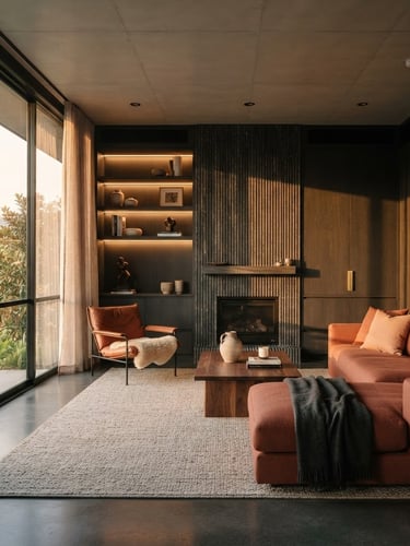Wide architectural shot of a luxurious modern living room with warm ambient lighting and soft natural golden-hour window light, rich terracotta and charcoal tones, architectural 35mm lens, focus on custom joinery and premium material textures, no people.