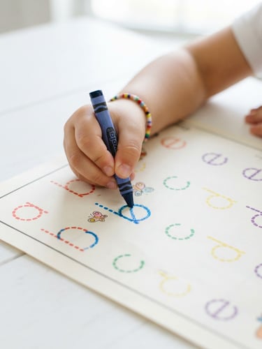 Close-up of a child's hands carefully tracing colorful dotted letters on a printed worksheet, bright high-key daylight, clean white table background