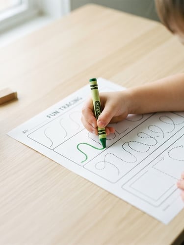 Bright high-key product photography of printed tracing worksheets on a light wood table, child's hand holding a green crayon, natural daylight, crisp details, 35mm