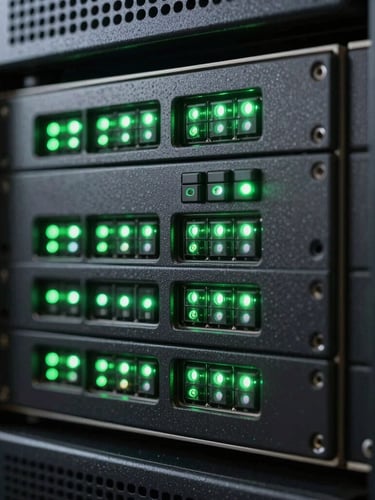 Macro close-up of a high-end server rack with blinking green LED indicators, dark background, technical precision lighting.