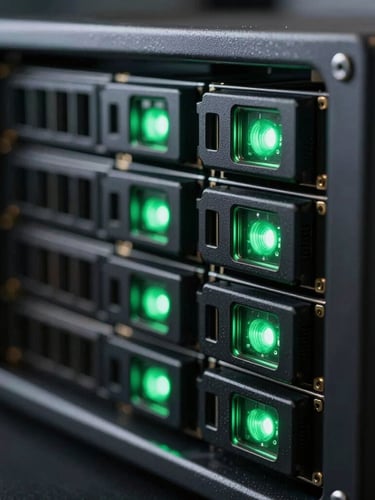 Macro close-up of high-end server hardware rack, glowing emerald green status lights, sharp focus, cool-toned dark environment
