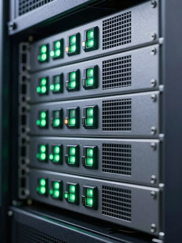 Macro shot of a high-end server rack with sharp green status lights, clean geometric lines, cool-toned studio lighting, technical precision focus.