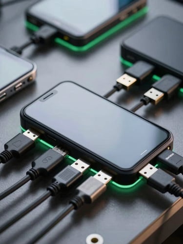 Macro shot of a physical Android test bench with multiple devices connected via USB cables, subtle green rim-lighting on dark metallic surfaces