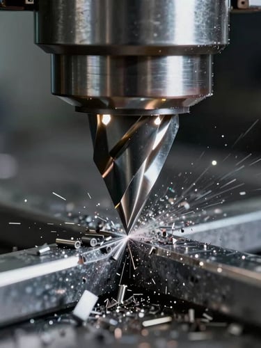 Macro shot of a CNC milling cutter slicing through steel with high-contrast cool LED lighting, metallic shavings flying, sharp focus on the cutting edge, portrait aspect ratio.