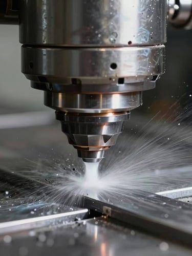 Extreme close-up of a CNC milling cutter carving steel with cooling fluid spray, high-contrast industrial lighting, sharp metal textures