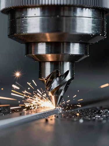 Macro extreme close-up of a CNC milling cutter head carving steel, high-contrast metallic sparks, cool LED lighting, sharp focus on metal textures
