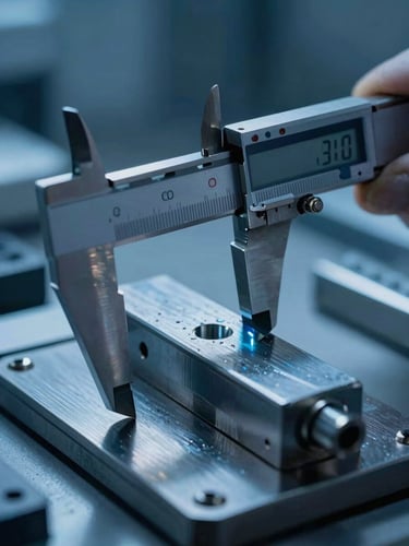 Macro shot of a digital micrometer calibrating a hardened steel component inside a clean calibration lab, cool-toned blue LED lighting, dramatic shadows on metal textures, high contrast.
