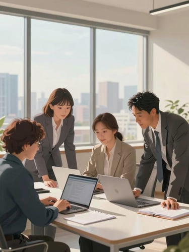 Eye-level wide shot of three diverse adult professionals in business-casual attire collaborating at a modern desk, leaning over open laptops and notebooks, soft warm daylight pouring through floor-to-ceiling windows with a city skyline visible beyond, clean linework anime-inspired semi-realistic illustration style, soft painterly shading, calm optimistic tone