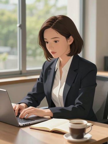Eye-level portrait-format illustration of a focused woman in business-casual attire seated at a desk near a large window, warm north-facing daylight illuminating open notebooks and a laptop, a coffee cup at the edge of the frame, anime-inspired semi-realistic linework with soft painterly shading, calm and attentive expression, greenery visible through the window behind her