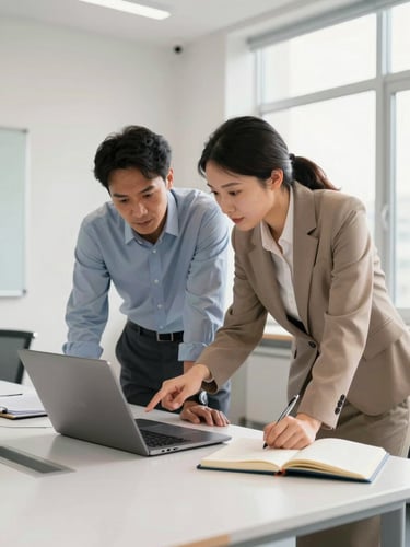 Eye-level view inside a bright conference room, two diverse adult professionals in business-casual attire leaning over a shared laptop on a white table, one pointing at the screen while the other takes notes in an open notebook, soft north-facing window light from the right, warm anime-inspired illustration style with clean linework and painterly shading