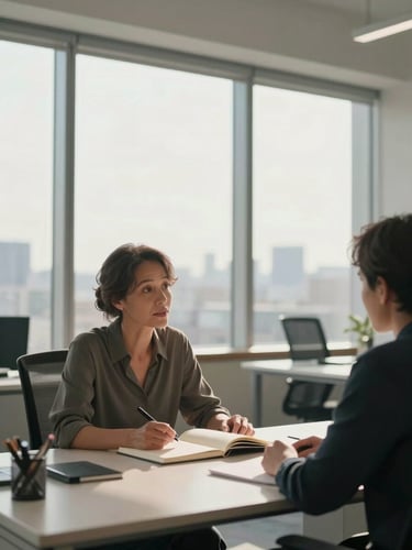 Eye-level wide shot inside a sunlit open-plan workspace, left third of frame: a woman in her forties with warm brown skin and natural hair in a relaxed updo sits at a modern desk, notebook open, leaning slightly forward in conversation with someone off-frame; large floor-to-ceiling windows behind her flood the scene with soft north-facing daylight; a city skyline faint in the background; clean linework and soft painterly shading in an anime-inspired semi-realistic style; calm, focused atmosphere