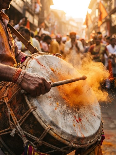 Dynamic close-up of a traditional Maharashtrian Dhol drum, thick leather drumhead with calloused hands holding wooden sticks mid-strike, flying saffron dust, intense golden-hour sunlight filtering through a historic Pune street, high-contrast action shot.